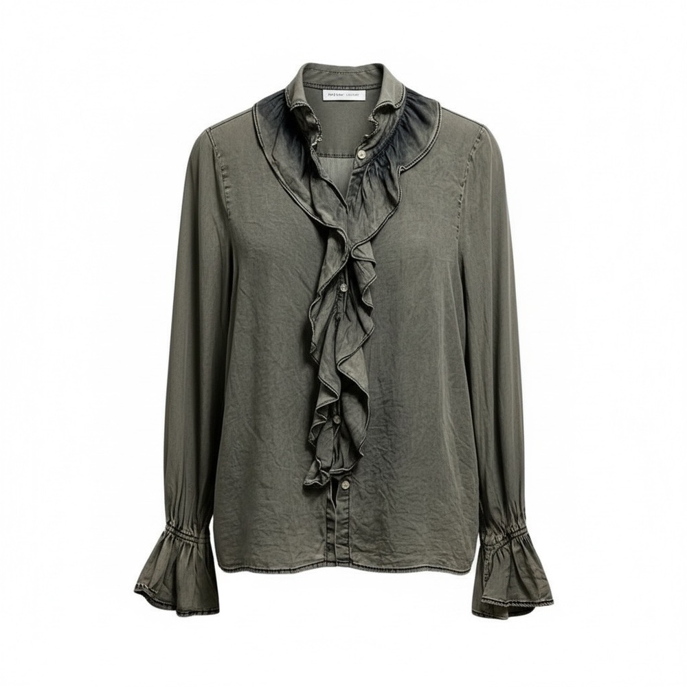 Elegant Ruffle Blouse in Charcoal Denim Wash Hue by‎ Cezele